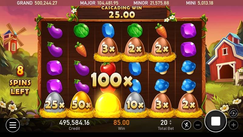 雞蛋顯示多個倍率，左側是剩餘場次，頂部是 CASCADING WIN。