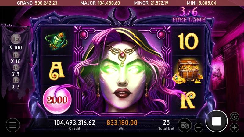 免費遊戲中，中央第 2、3、4 軸合成大滾輪；右上角另有場次進度。